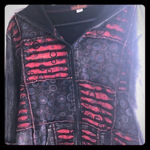 Dark patchwork zip-up hoodie with pockets